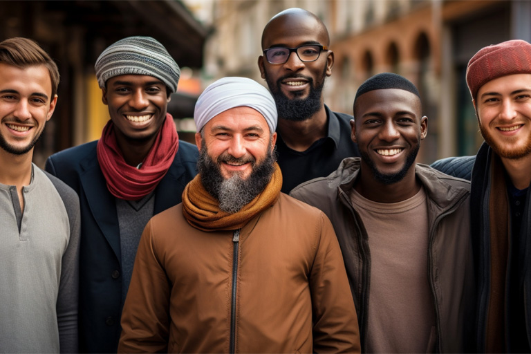 A smiling group of Muslim men standing together