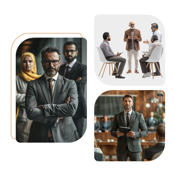 Collage of Muslim professionals leading group discussions and presentations