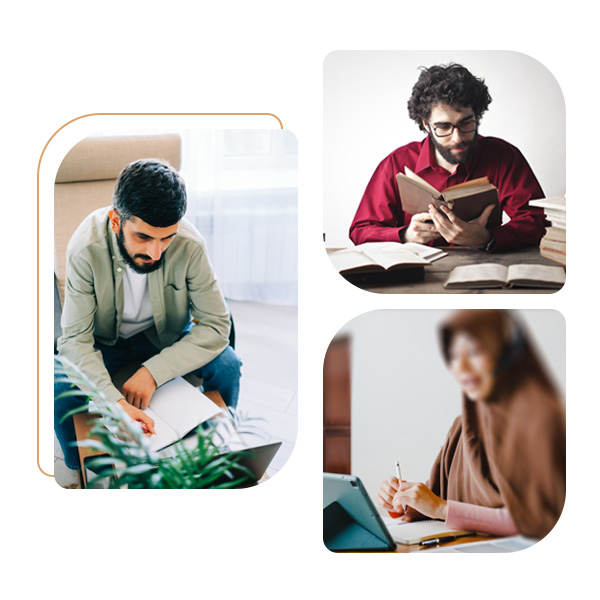 Collage of Muslim learners studying and reading