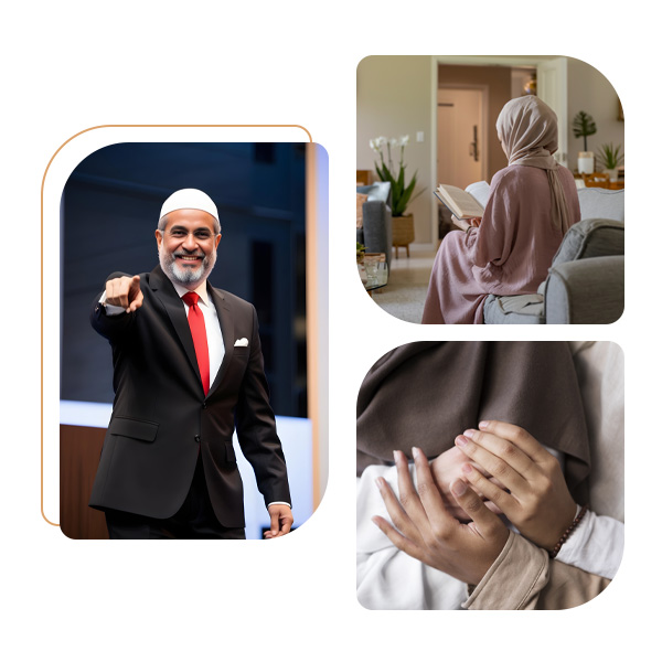 Collage of a Muslim speaker on stage, a woman reading, and hands joined in support